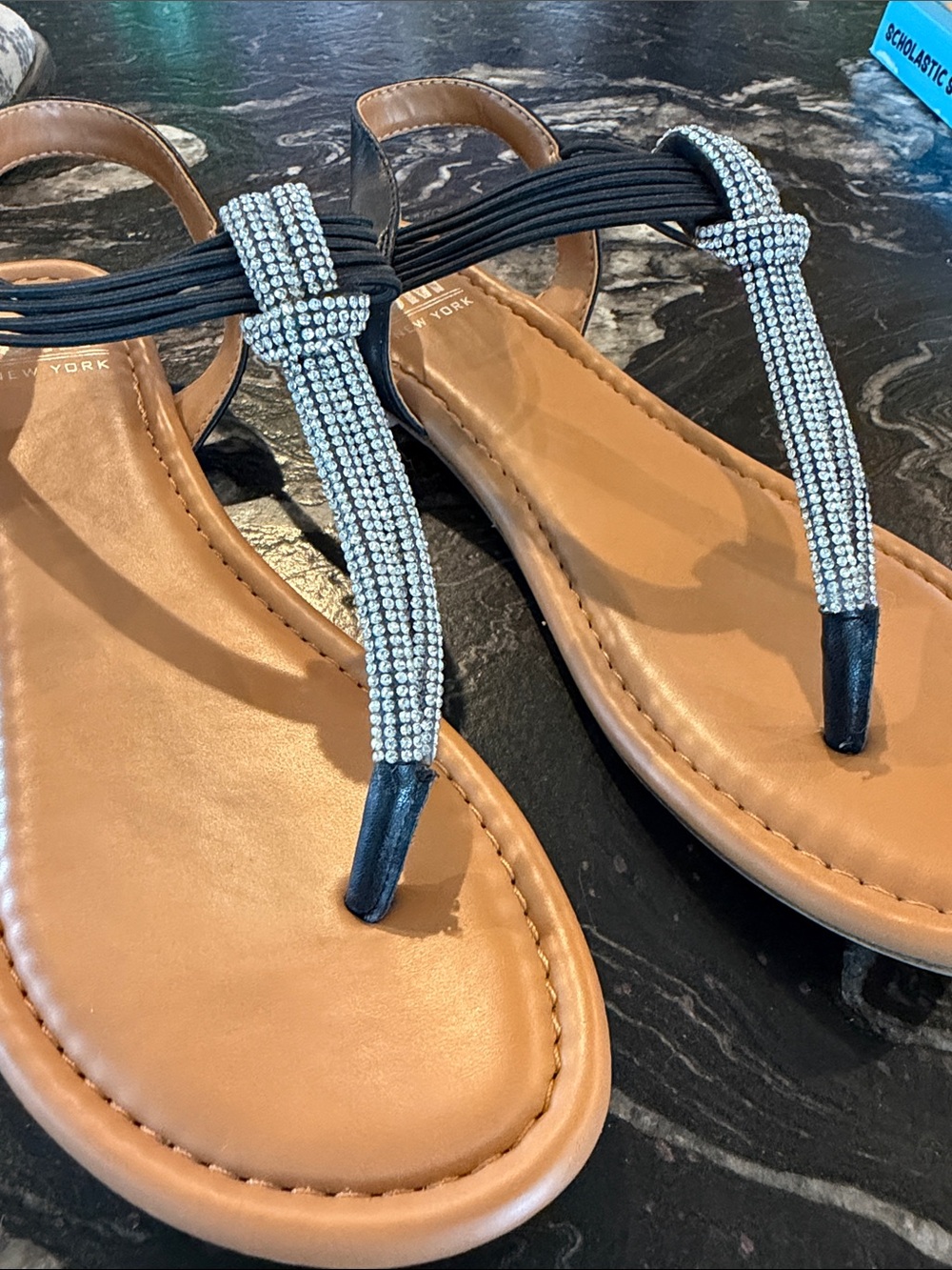 SM New York Black Strappy Sandals with Rhinestone T-Strap
